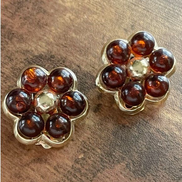 Vintage Coro Earrings Amber Lucite Floral Gold Tone Chunky Clip Signed Flower - Picture 2 of 15